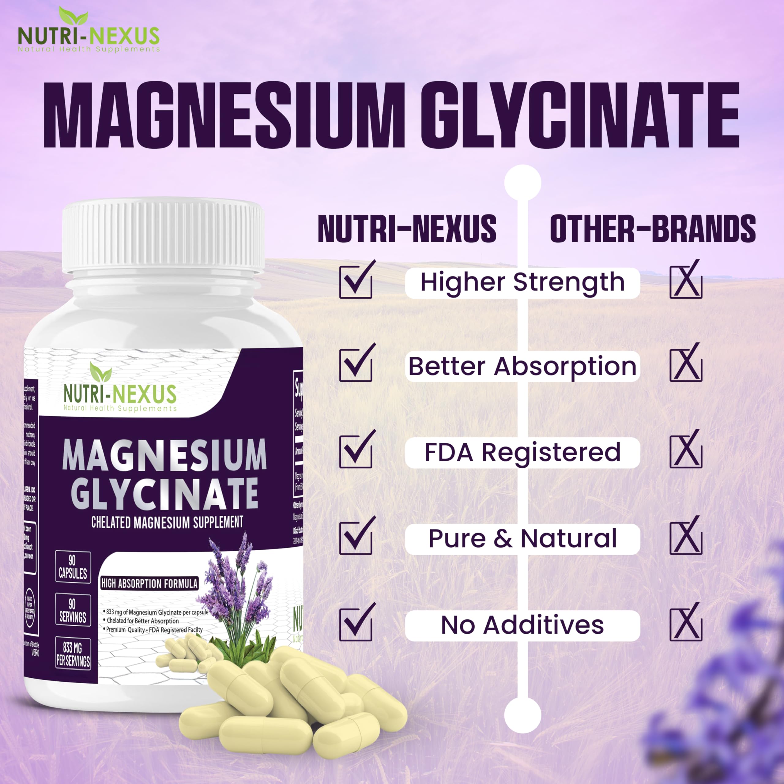 Nutri-Nexus Magnesium Glycinate 833mg packaging box reveals gluten-free, non-GMO credentials.