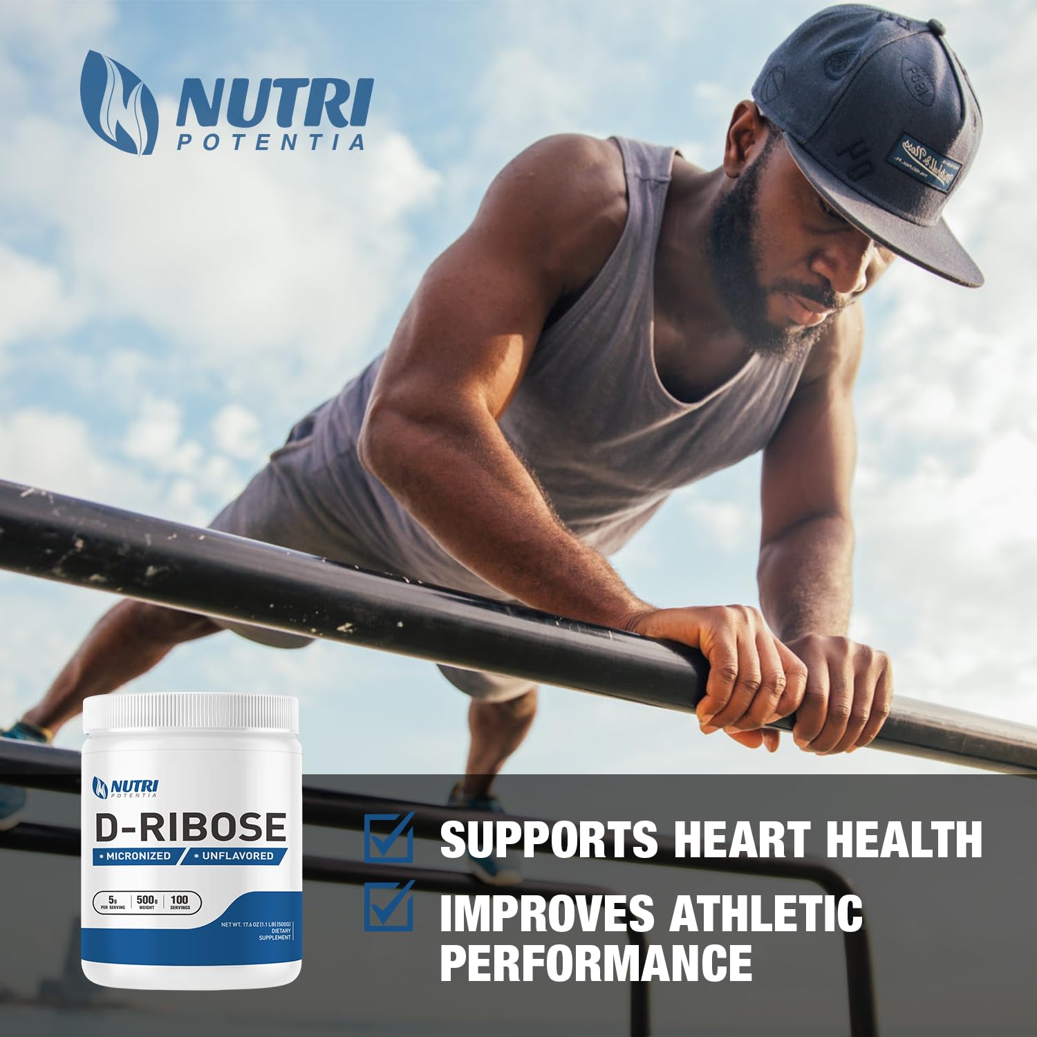 NUTRI POTENTIA D-Ribose powder label highlights gluten-free and vegan-friendly