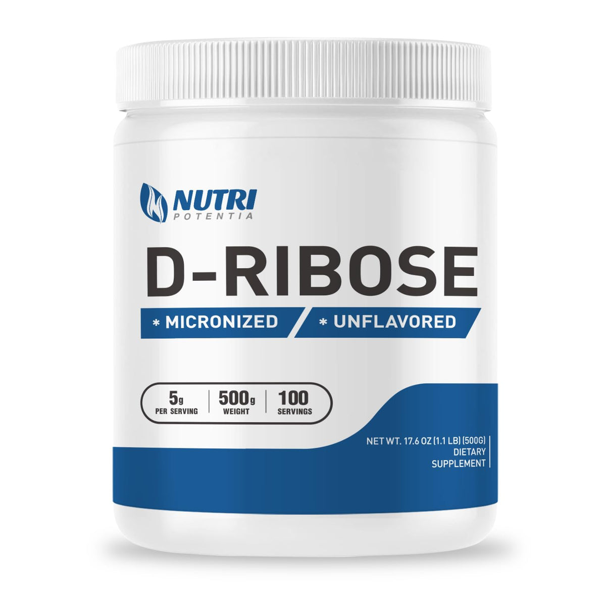 NUTRI POTENTIA Pure D-Ribose powder bottle, unflavored for versatile energy support