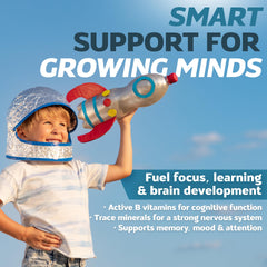 Nutri-Spec Mighty-Mins child taking chewable vitamins after meal.