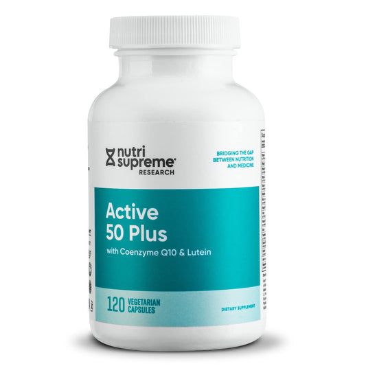 Nutri-Supreme Active 50 Plus bottle label, premium formula for healthy aging and energy support.
