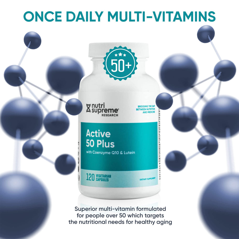 Nutri-Supreme Active 50 Plus bottle pour demonstrating easy daily capsule intake.