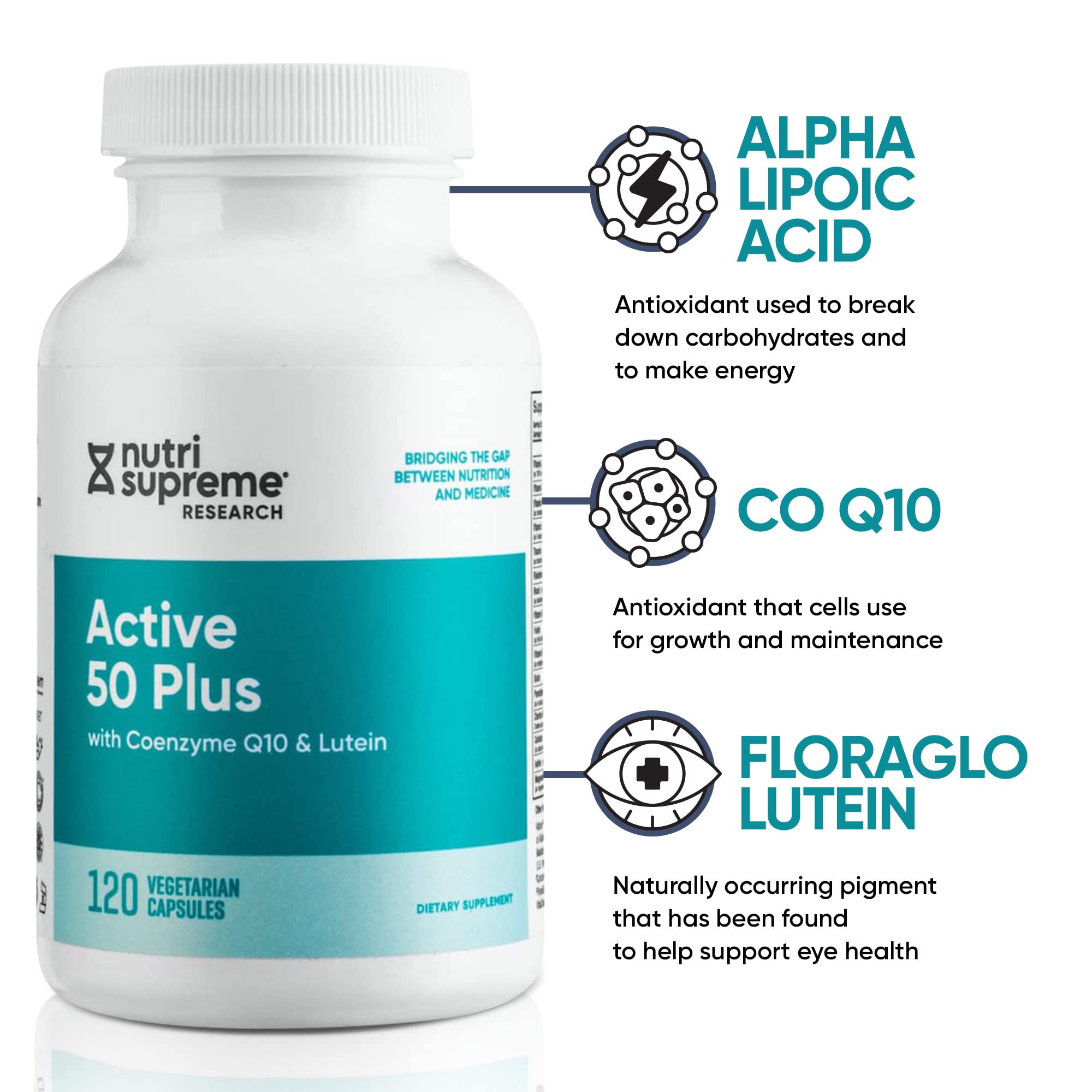 Nutri-Supreme Active 50 Plus capsules closeup showing balanced tablets for seniors' daily nutrition.
