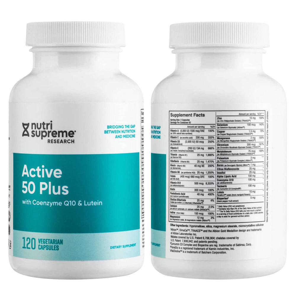 Nutri-Supreme Active 50 Plus packaging front conveying premium quality and kosher certification.