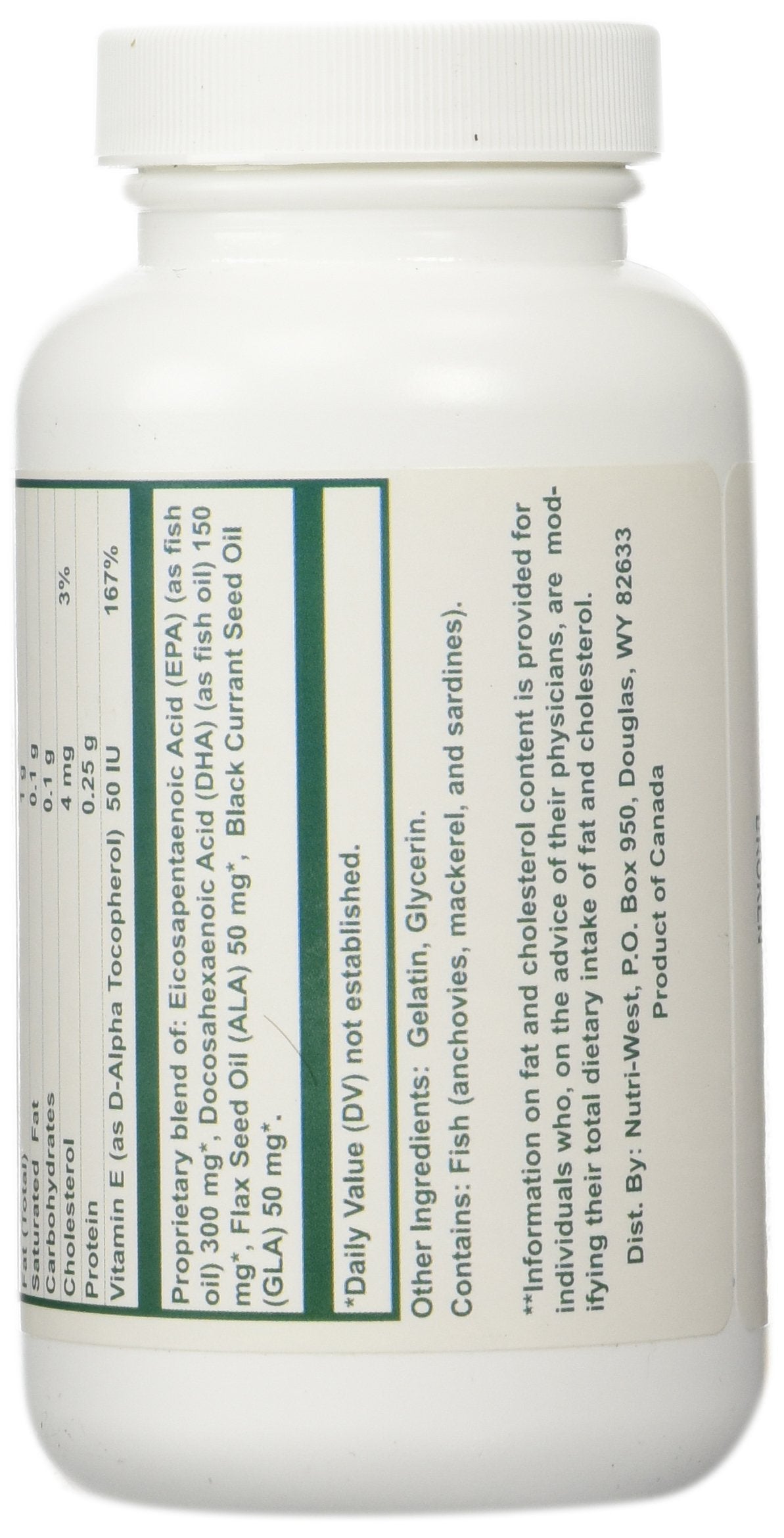 Nutri-West Complete Omega-3 Essentials capsules close-up showing softgel capsules.