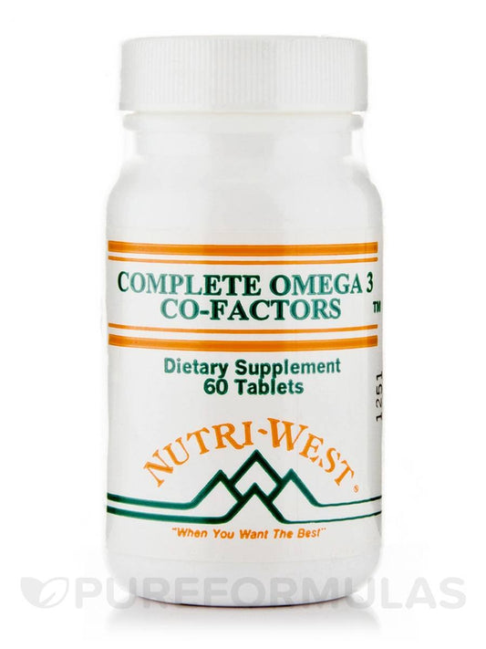 Nutri-West Complete Omega-3 Co-Factors bottle closed on table from a side angle
