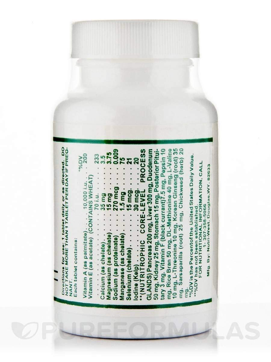 Close-up of Nutri-West Core Level Pancreas label highlighting easy-to-swallow tablets