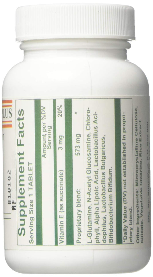 Nutri-West L-Glutamine Plus bottle back shows ingredients for gut support.