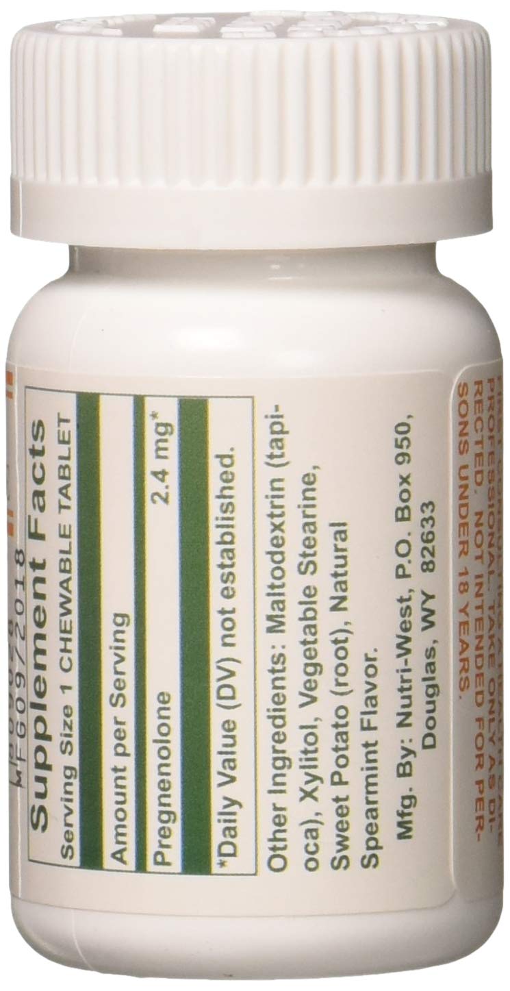 Nutri West Total Pregnenolone tablets close-up showcases chewable format.