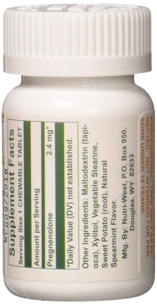 Nutri West Total Pregnenolone tablets close-up showcases chewable format.