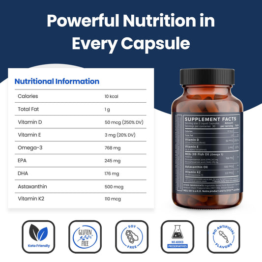 Nutri11 enteric-coated capsules reduce fishy aftertaste for easy digestion.
