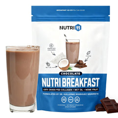 Nutri11 NutriBreakfast chocolate bottle pour for keto-friendly morning boost
