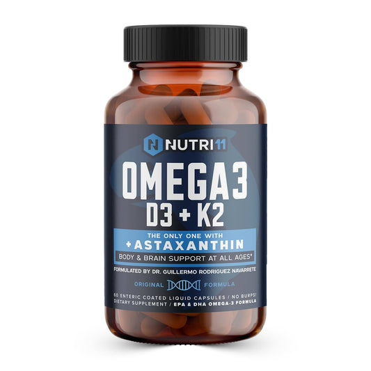 Nutri11 Omega-3 bottle shows EPA, DHA, D3, K2, and astaxanthin for daily support.