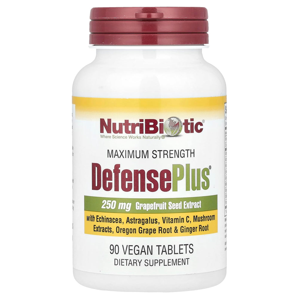 NutriBiotic DefensePlus tablets close-up highlight vegetarian formula for daily wellness