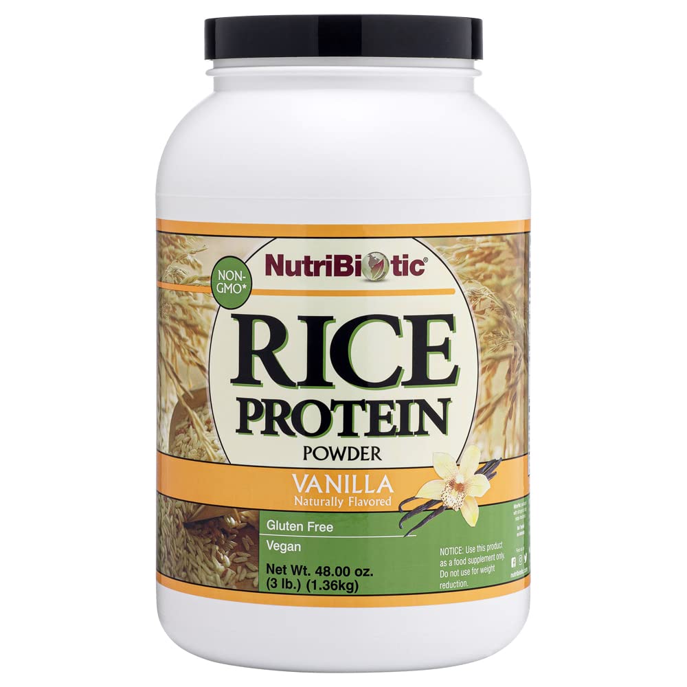 NutriBiotic Vanilla Rice Protein bottle close-up highlighting vegan, low-carb nutrition