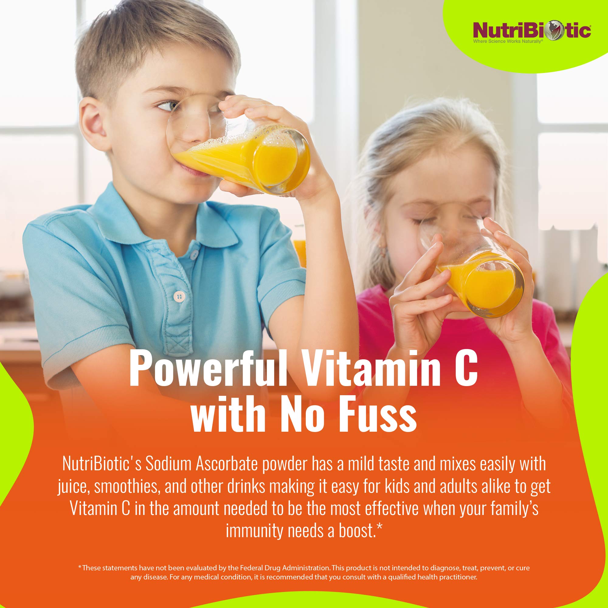 NutriBiotic sodium ascorbate powder poured into a glass of water.