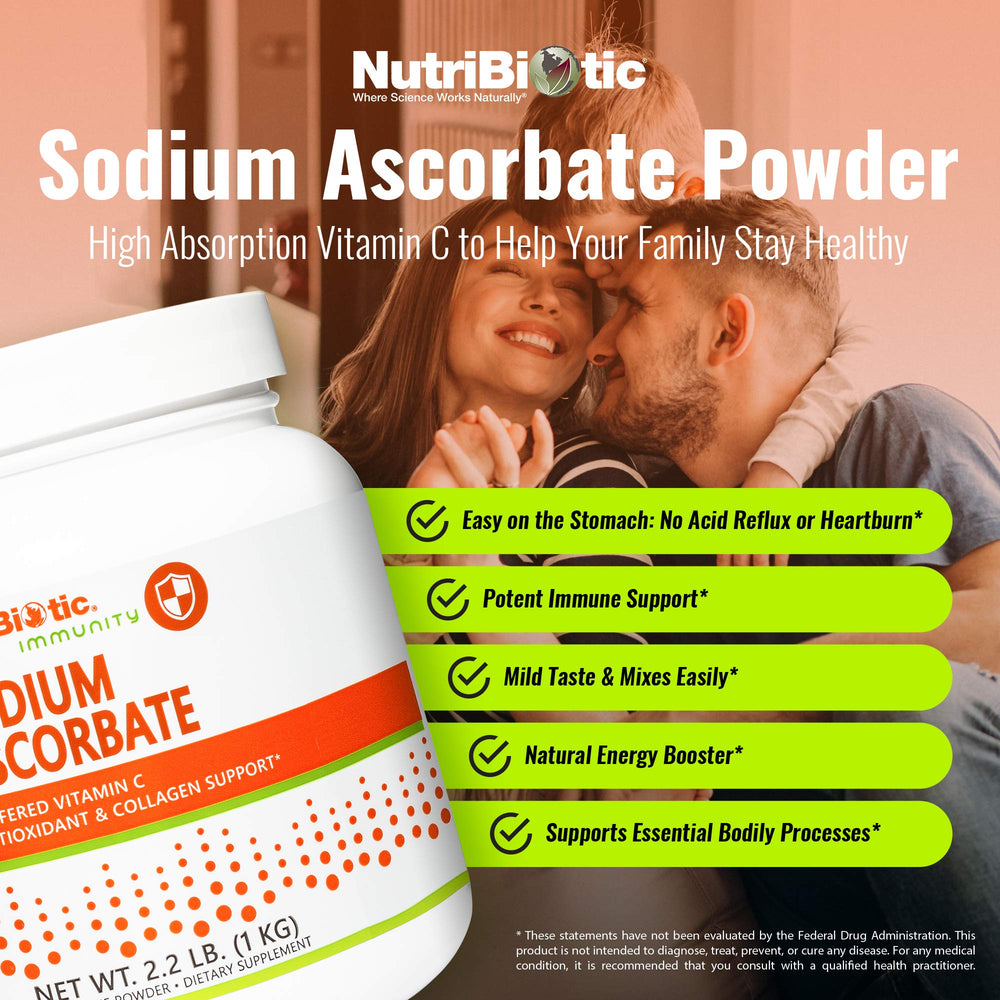 NutriBiotic sodium ascorbate powder with scoop for convenient daily use.