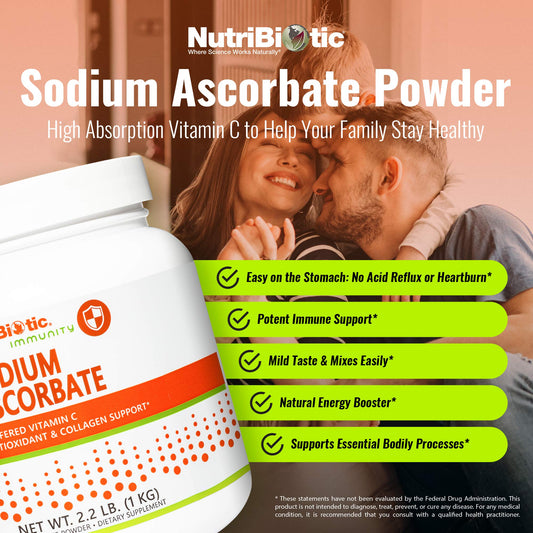 NutriBiotic sodium ascorbate powder with scoop for convenient daily use.
