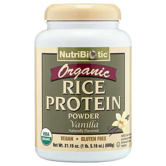 NutriBiotic Organic Rice Protein Vanilla bottle, convenient vegan protein option for busy mornings.