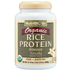 NutriBiotic Organic Rice Protein Vanilla bottle, convenient vegan protein option for busy mornings.