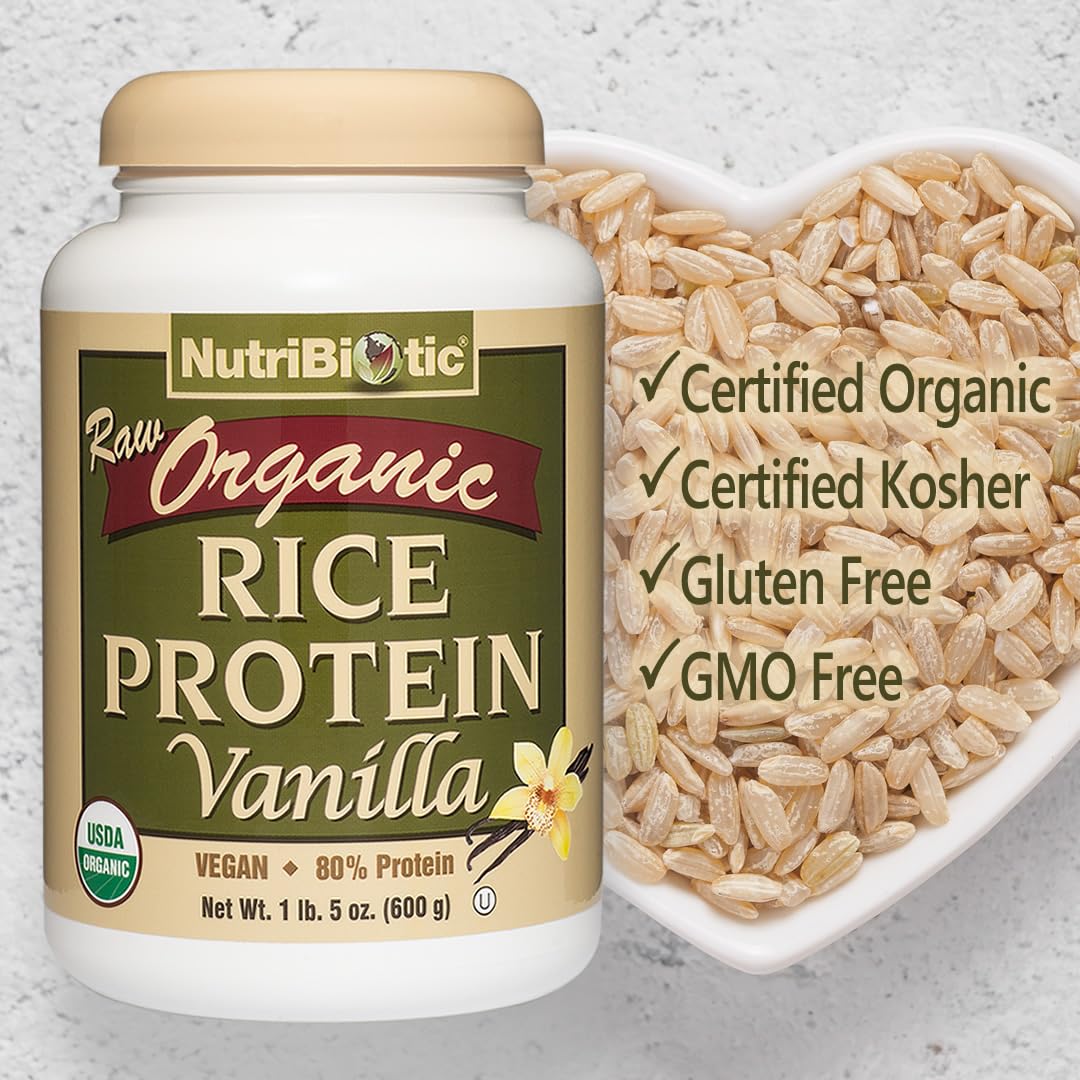 NutriBiotic Organic Rice Protein Vanilla packaging showing gluten-free, GMO-free formula.