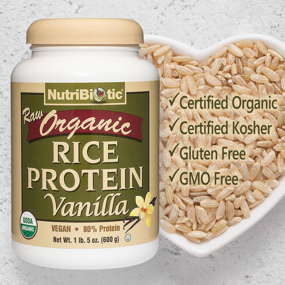NutriBiotic Organic Rice Protein Vanilla packaging showing gluten-free, GMO-free formula.