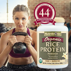 NutriBiotic Rice Protein Vanilla shake in glass showing creamy texture and digestibility.