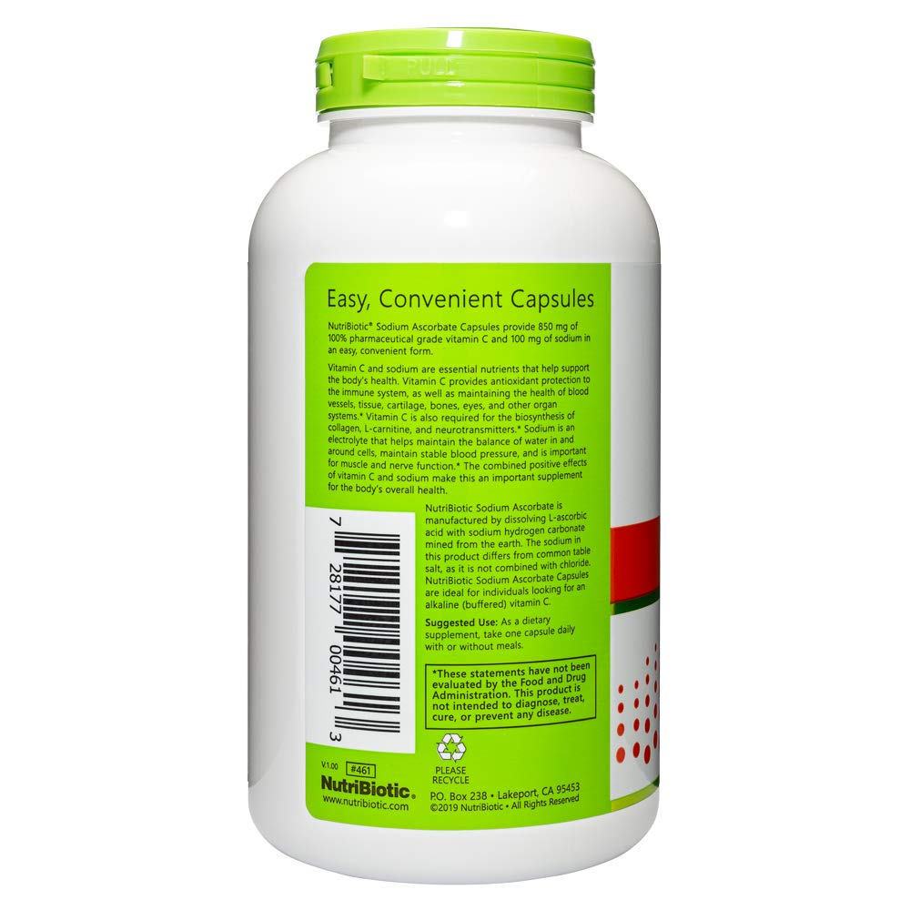 NutriBiotic Sodium Ascorbate Capsules close-up shows buffered formulation.