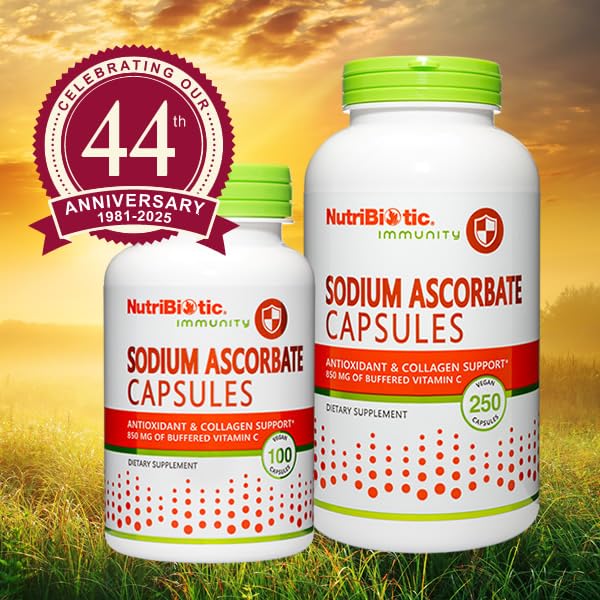 NutriBiotic Sodium Ascorbate Capsules on shelf highlight vegan and gluten-free formula.