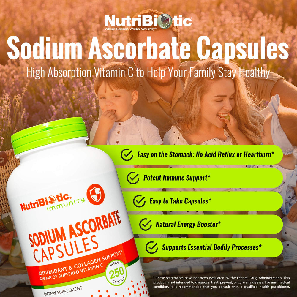 NutriBiotic Sodium Ascorbate Capsules pack showing convenient on-the-go use.