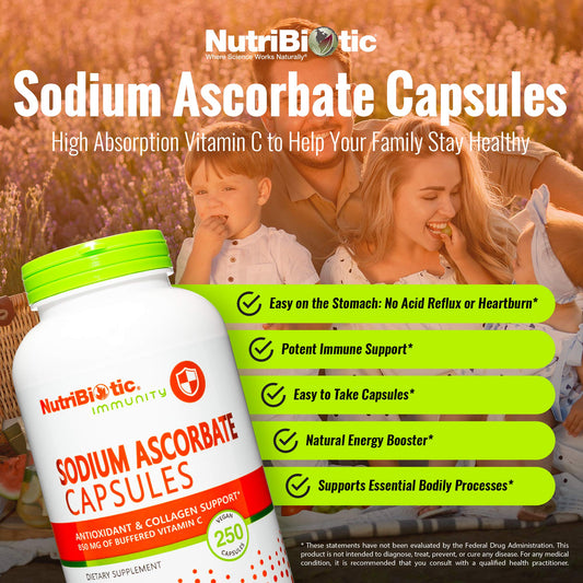 NutriBiotic Sodium Ascorbate Capsules pack showing convenient on-the-go use.