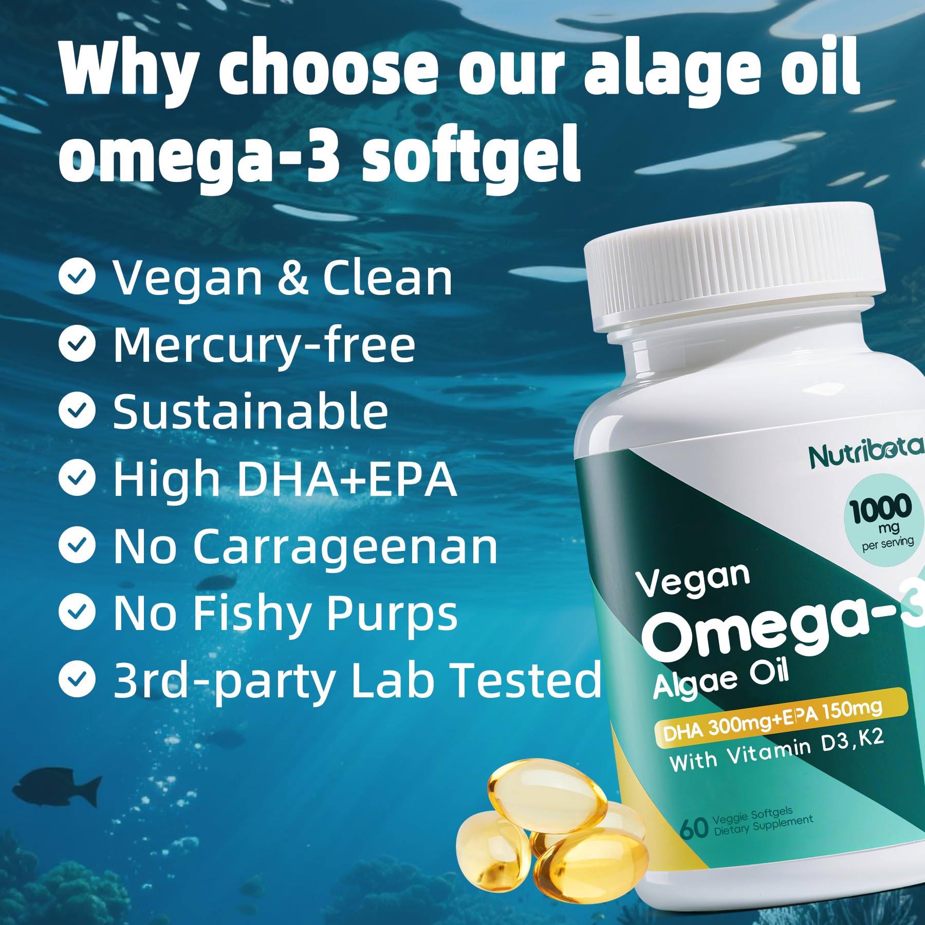 Eco-friendly packaging of Nutribota vegan omega-3 softgels.