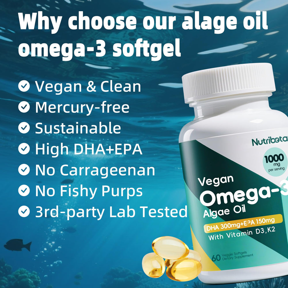 Eco-friendly packaging of Nutribota vegan omega-3 softgels.