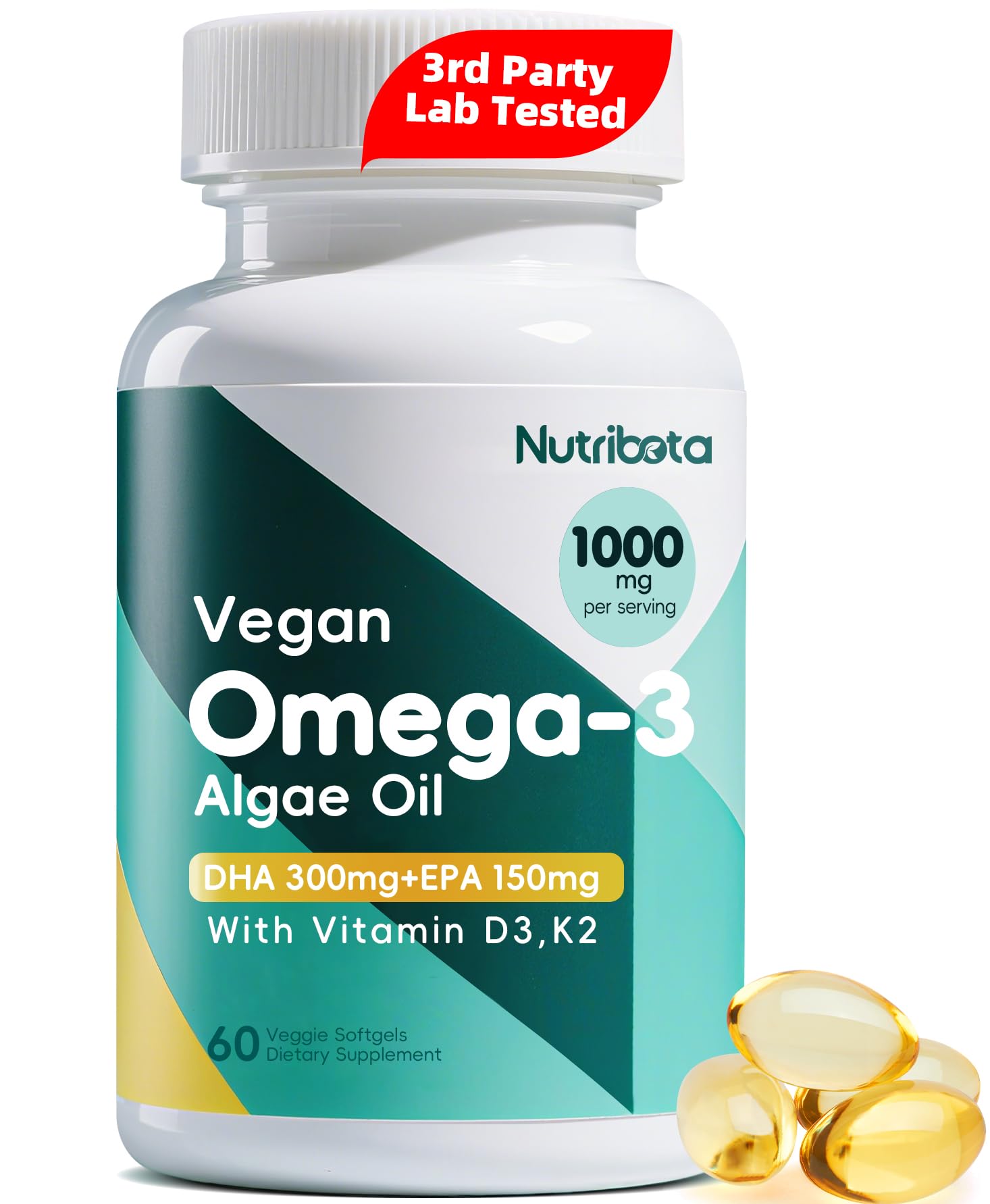 Nutribota Vegan Omega-3 Softgels bottle for daily plant-based omega-3 intake.