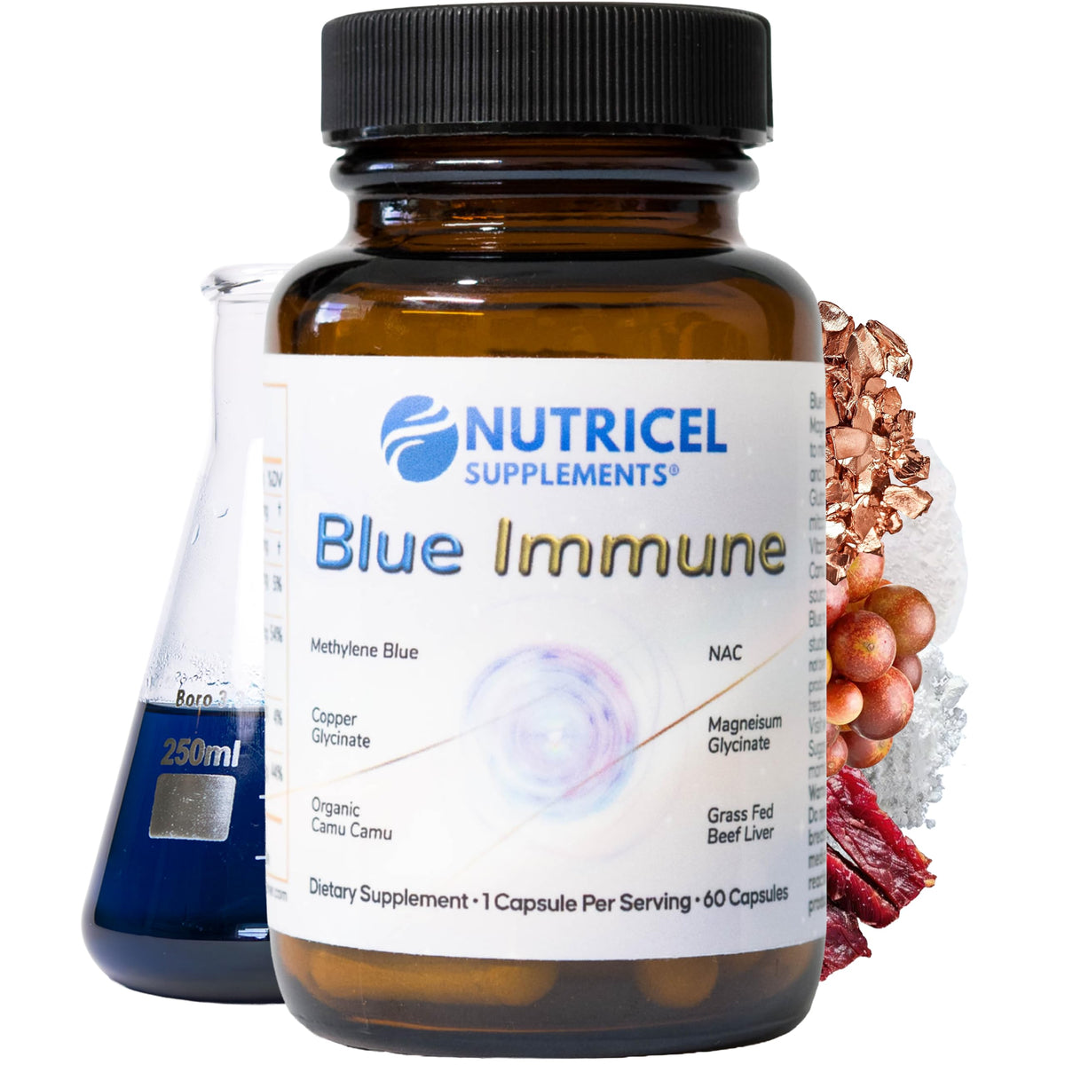 Nutricel Blue Immune bottle with capsules for daily wellness support.