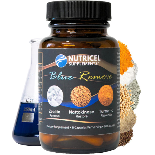Nutricel Blue Remove bottle showing 18 mg methylene blue strength and labeling.