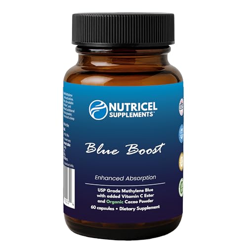 Nutricel Methylene Blue bottle front displays branding and capsule count.