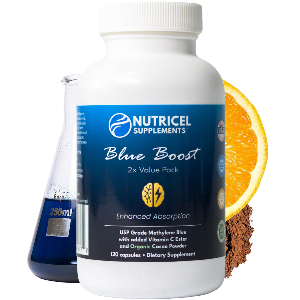 Nutricel Methylene Blue capsules bottle front shows label and USP grade formulation for daily use