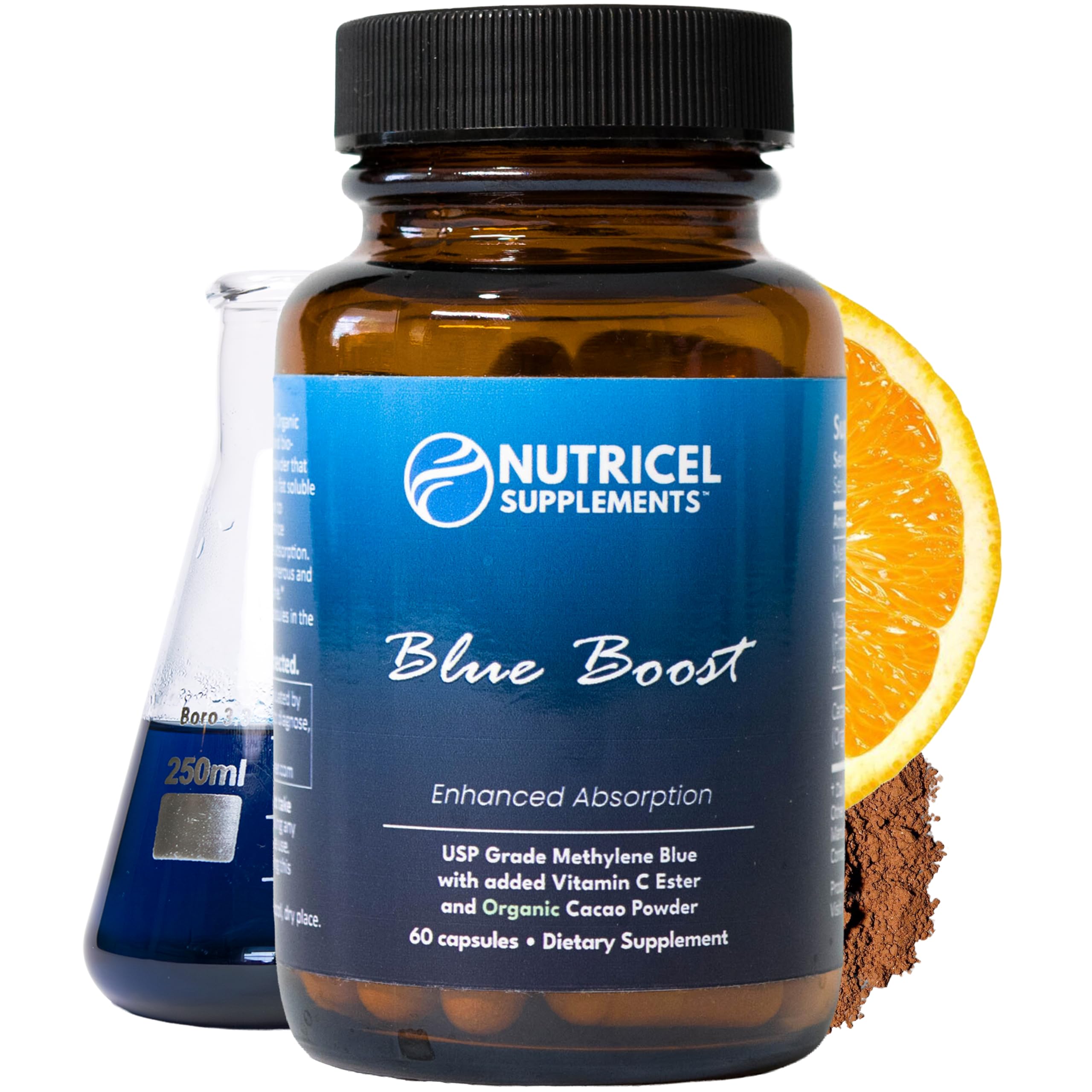 Nutricel Methylene Blue capsules label shows dosage and brand for daily use.