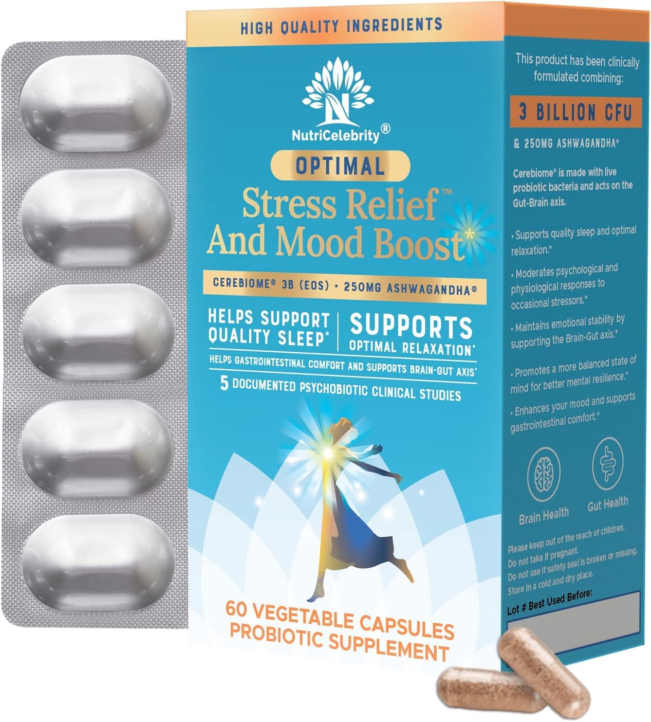 Nutricelebrity Optimal Stress Relief bottle with capsules for calm mood support.
