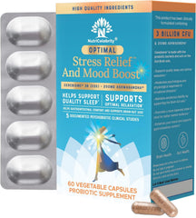 Nutricelebrity Optimal Stress Relief bottle with capsules for calm mood support.
