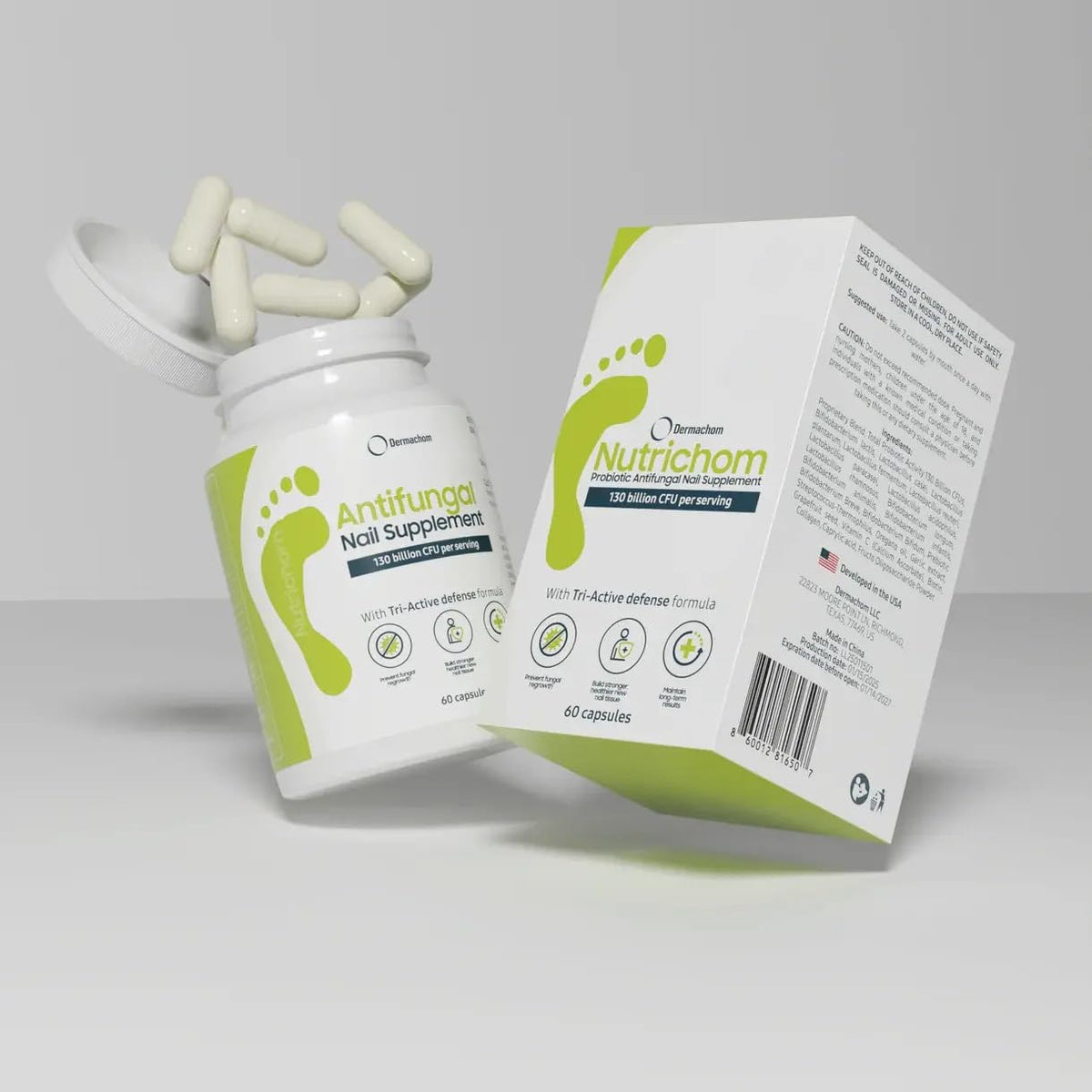 Nutrichom bottle front label highlights probiotic nail support.