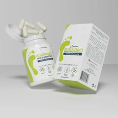 Nutrichom bottle front label highlights probiotic nail support.