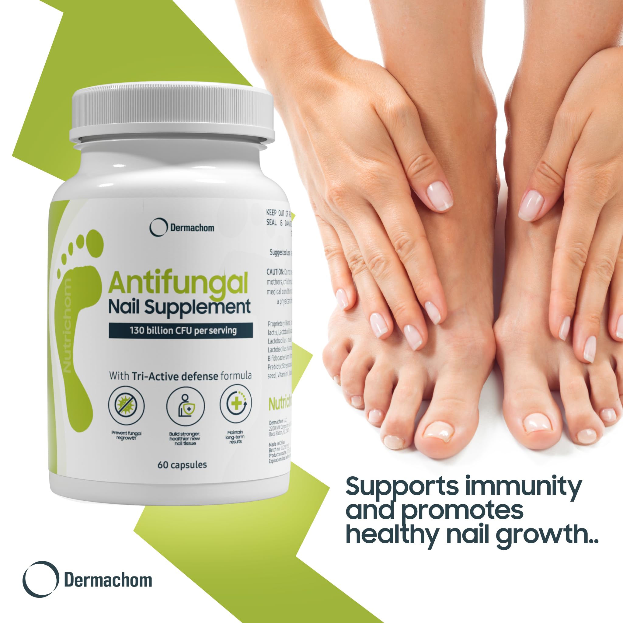 Nutrichom bottle side label details ingredients and quality guarantees.