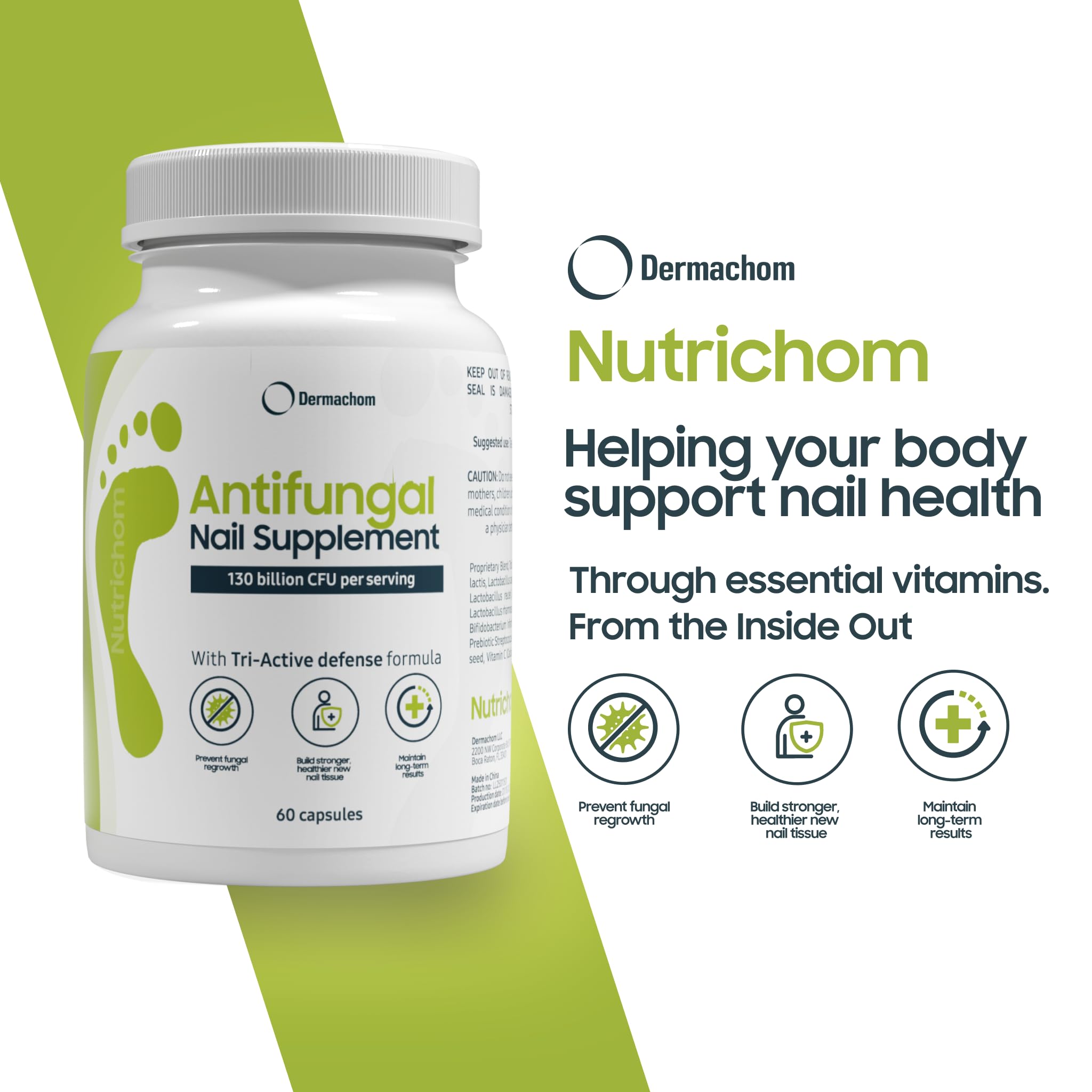 Nutrichom capsules arranged to illustrate easy daily intake for nail health.