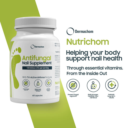Nutrichom capsules arranged to illustrate easy daily intake for nail health.