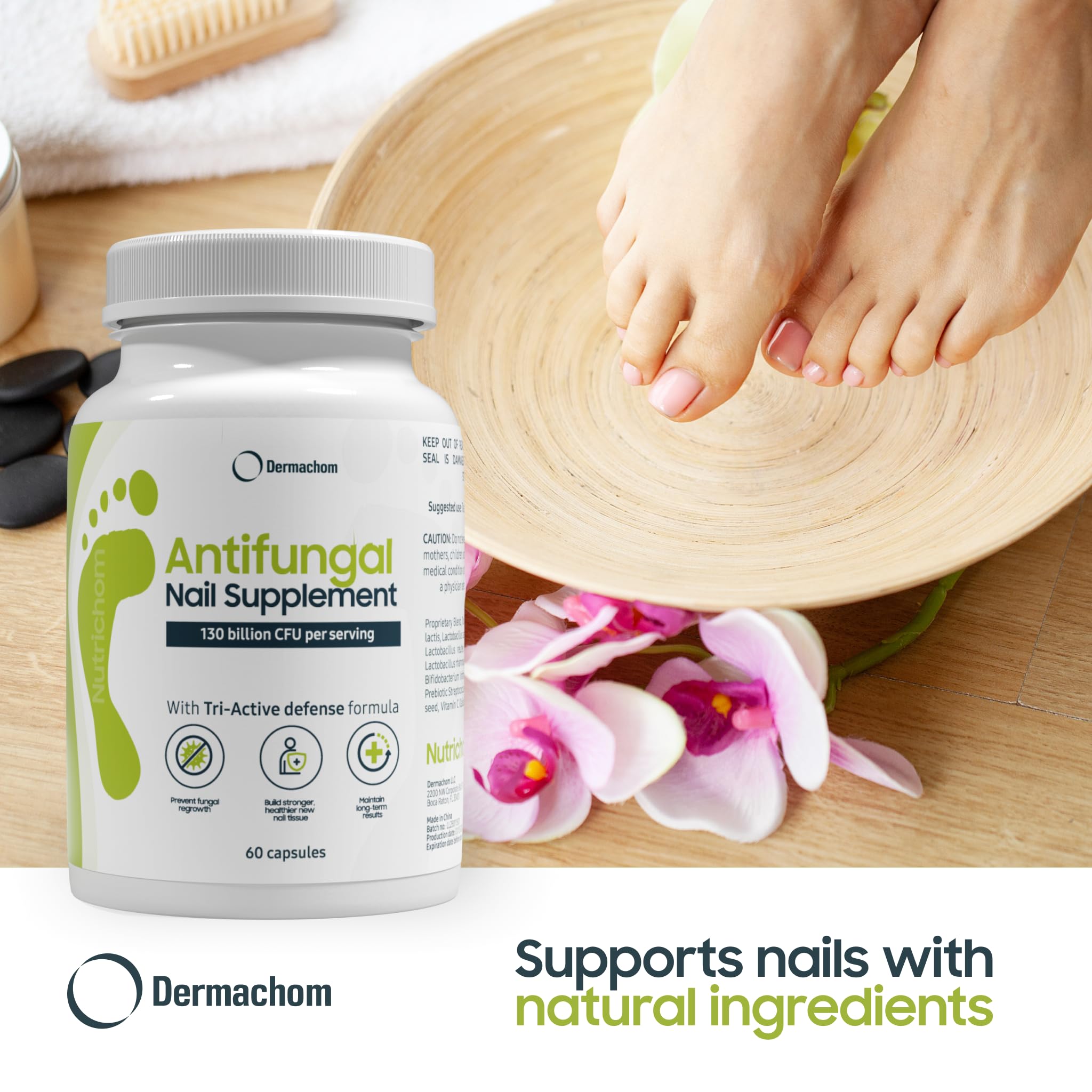 Nutrichom garlic extract close-up illustrates natural nail health ingredients.