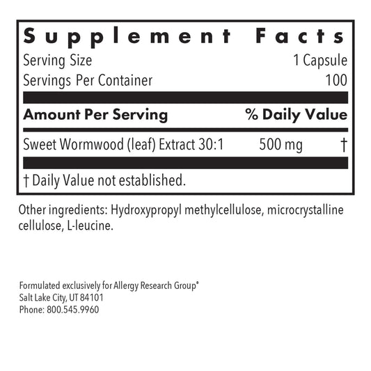 Nutricology Artemisia capsules close-up emphasizes the potent 30 to 1 extract for potency.