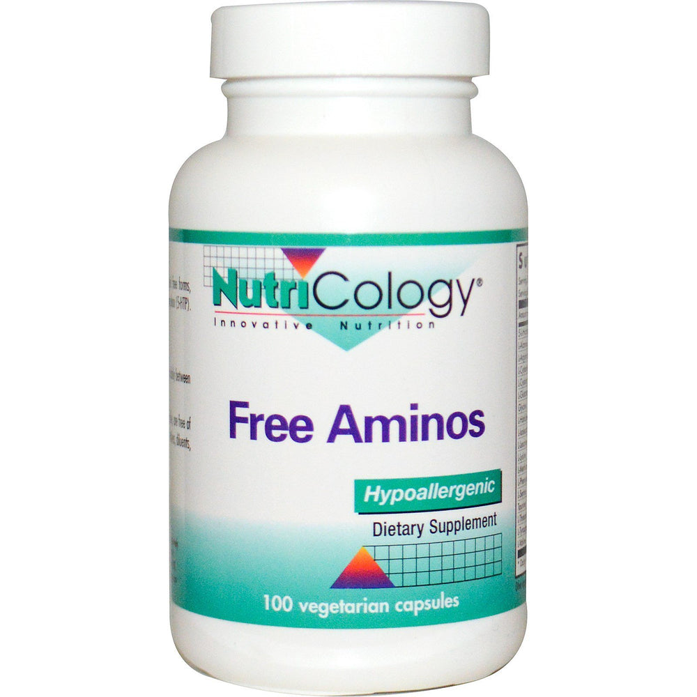 NutriCology FreeAminos bottle displaying capsules for daily amino acid support
