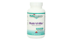 Nutricology Multi-Vi-Min bottle front view shows copper- and iron-free formula for daily wellness.